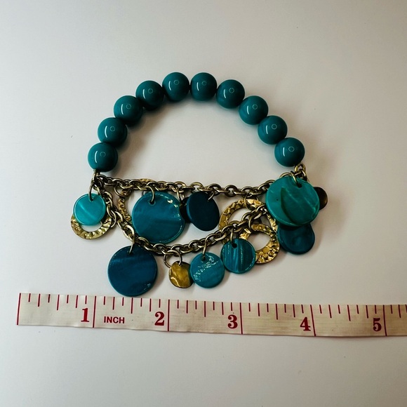 Vintage Turquoise Bead Charm Bracelet Gold Tone Statement Jewelry - Picture 2 of 3